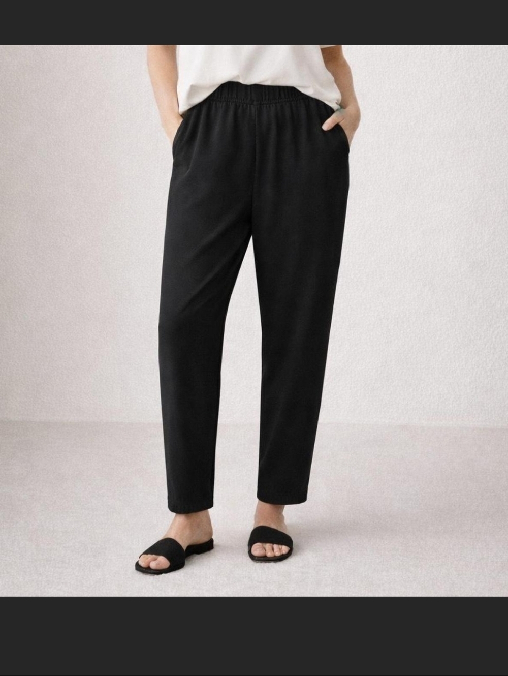 Eileen Fisher Black Tapered Georgette Silk Elastic-Waist Pants